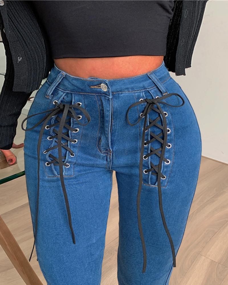 

Eyelet Lace-up Skinny Jeans, Blue