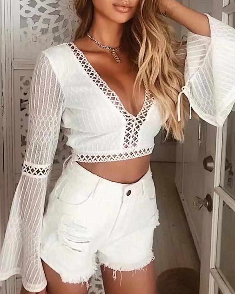 

Solid Color Mesh Hollow-out Flared Sleeve Cropped Top, White