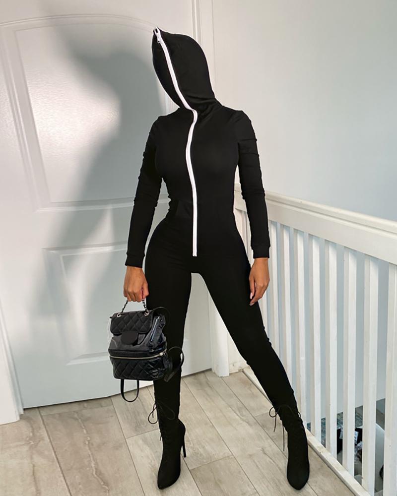

Zip Front Pocket Design Hooded Jumpsuit, Black
