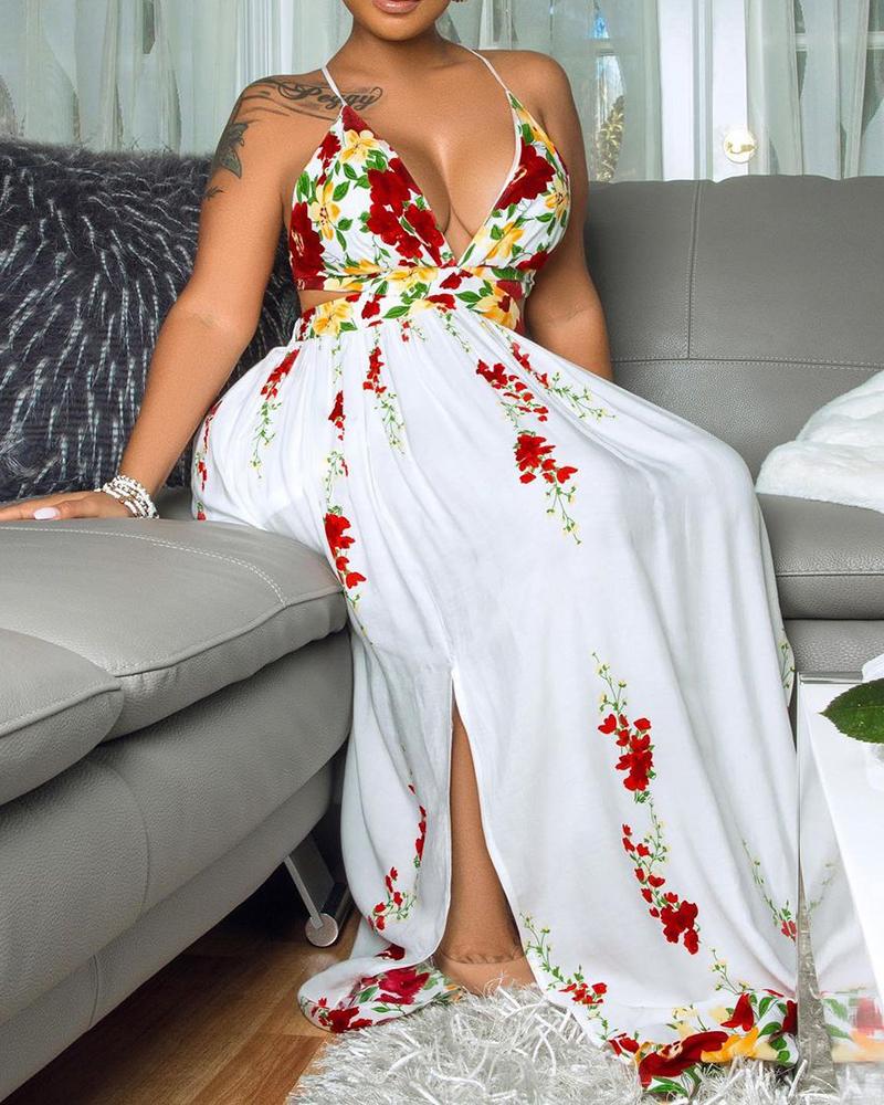 

Spaghetti Strap Floral Print High Slit Maxi Dress, White