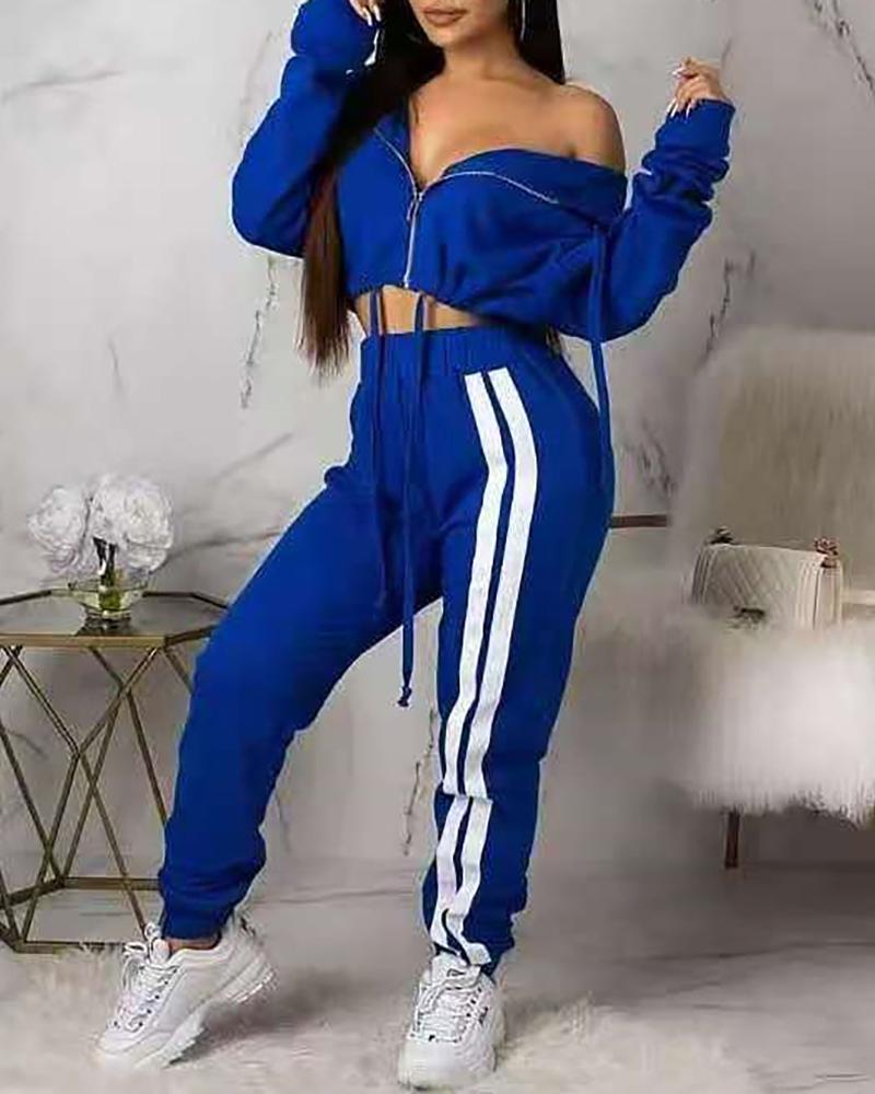 

Zipper Design Striped Tape Top & Pants Set, Blue