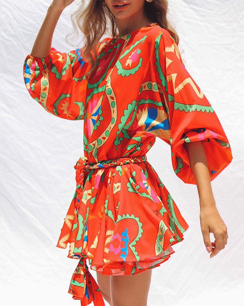 

Lace-up All Over Print Lantern Sleeve Mini Dress, Orange