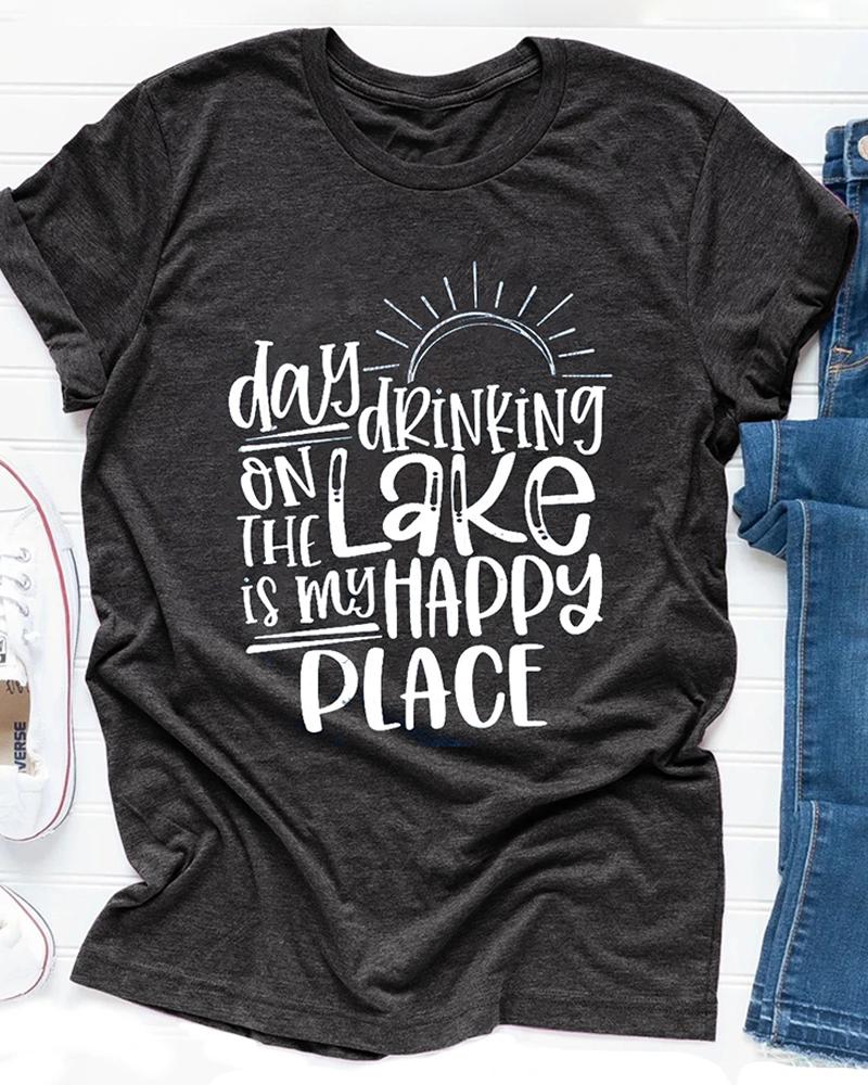 

Letter Print Round Neck Short Sleeve Basic Cotto Top, Black