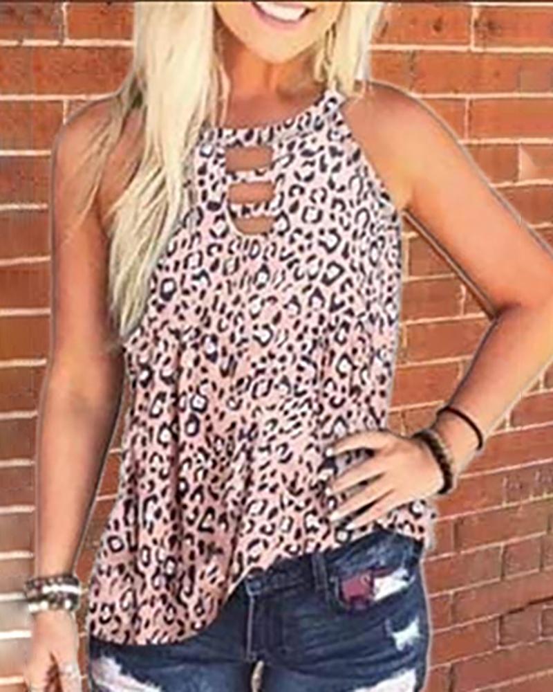 

Print Round Neck Cut Out Tank Top, Pink