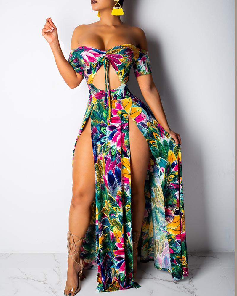 

Off Shoulder Floral High Slit Maxi Dress, Multicolor
