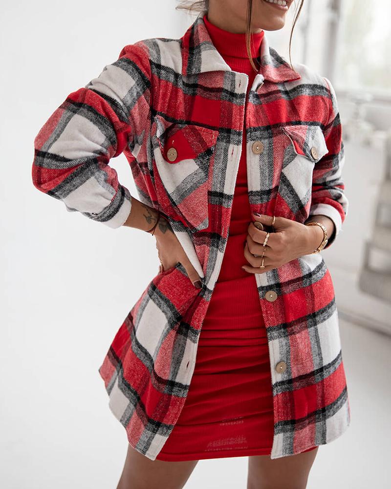 

Plaid Pocket Button Design Long Sleeve Shirt, Red