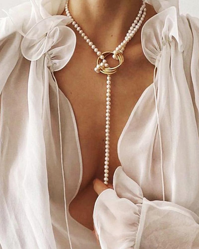

Geometric Metal Pearl Necklace, Beige