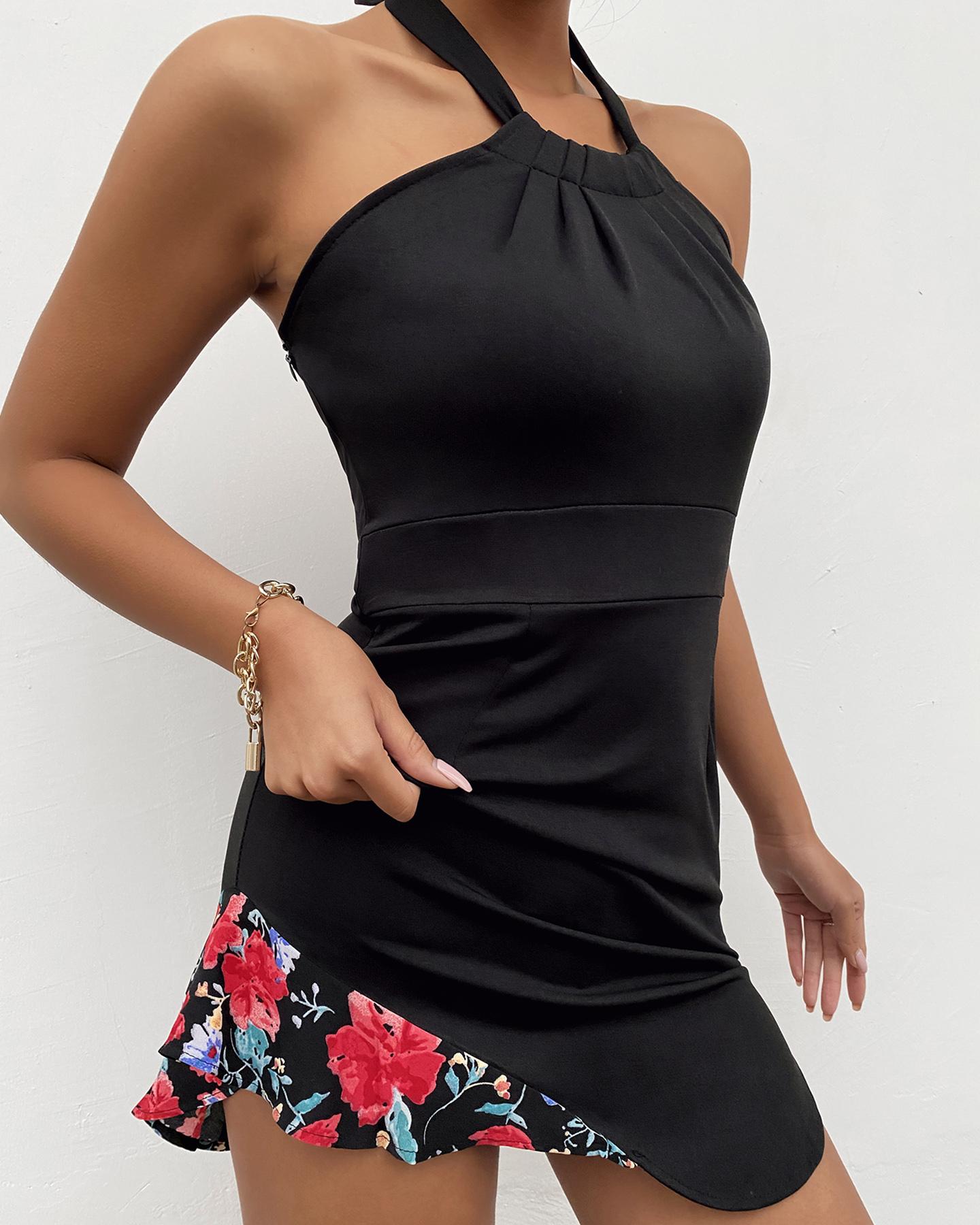 

Halter Floral Print Sleeveless Bodycon Dress, Black