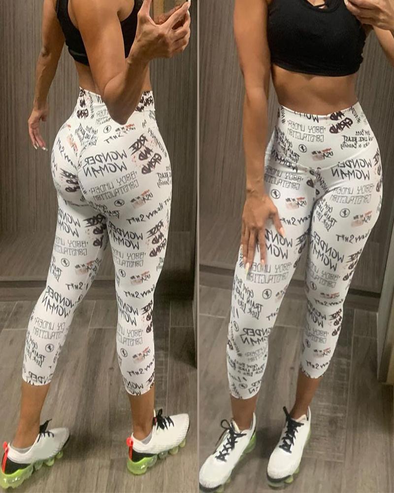 

Letter Print High Waist Skinny Pants, White