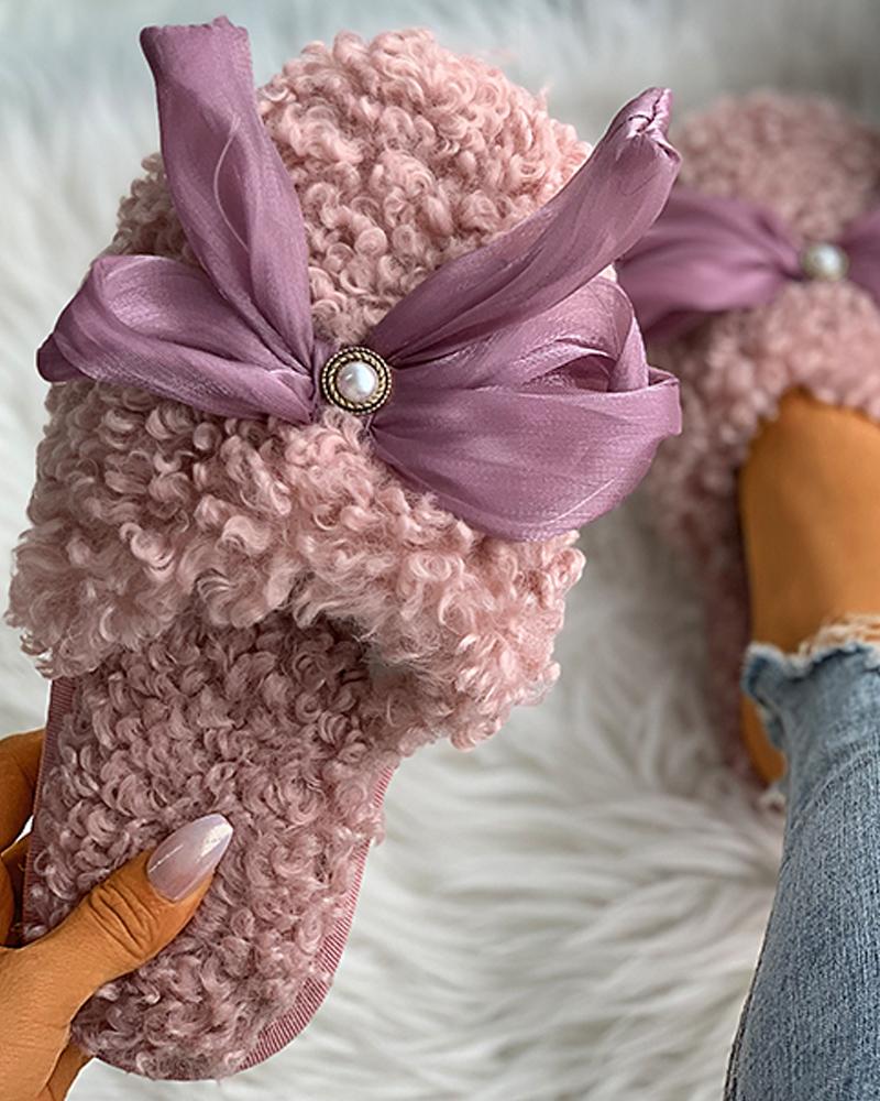 

Bowknot Beaded Fluffy Slippers, Pink