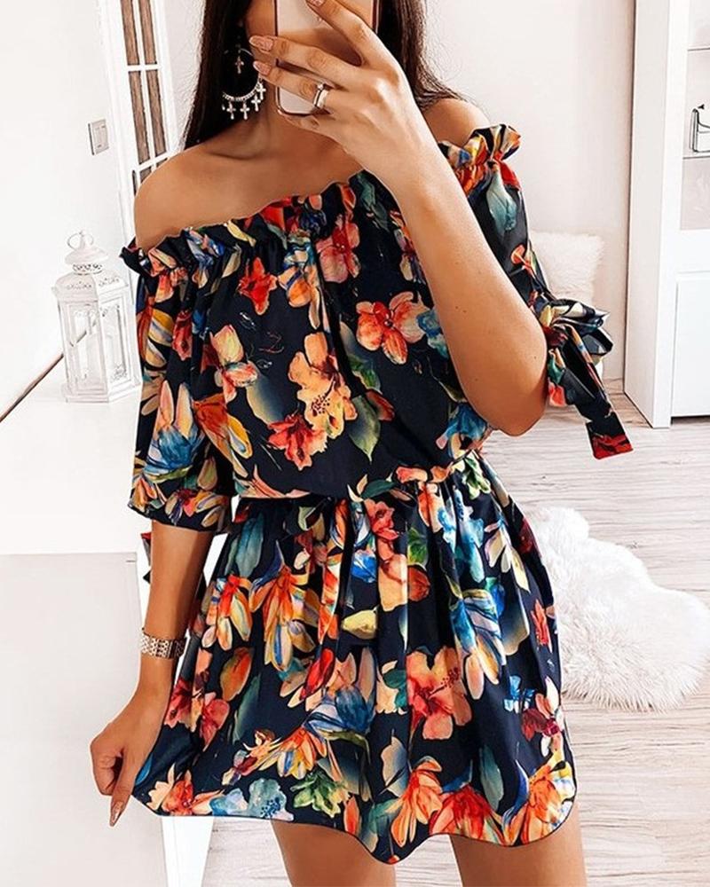 

Floral Print Off Shoulder Dress, Multicolor