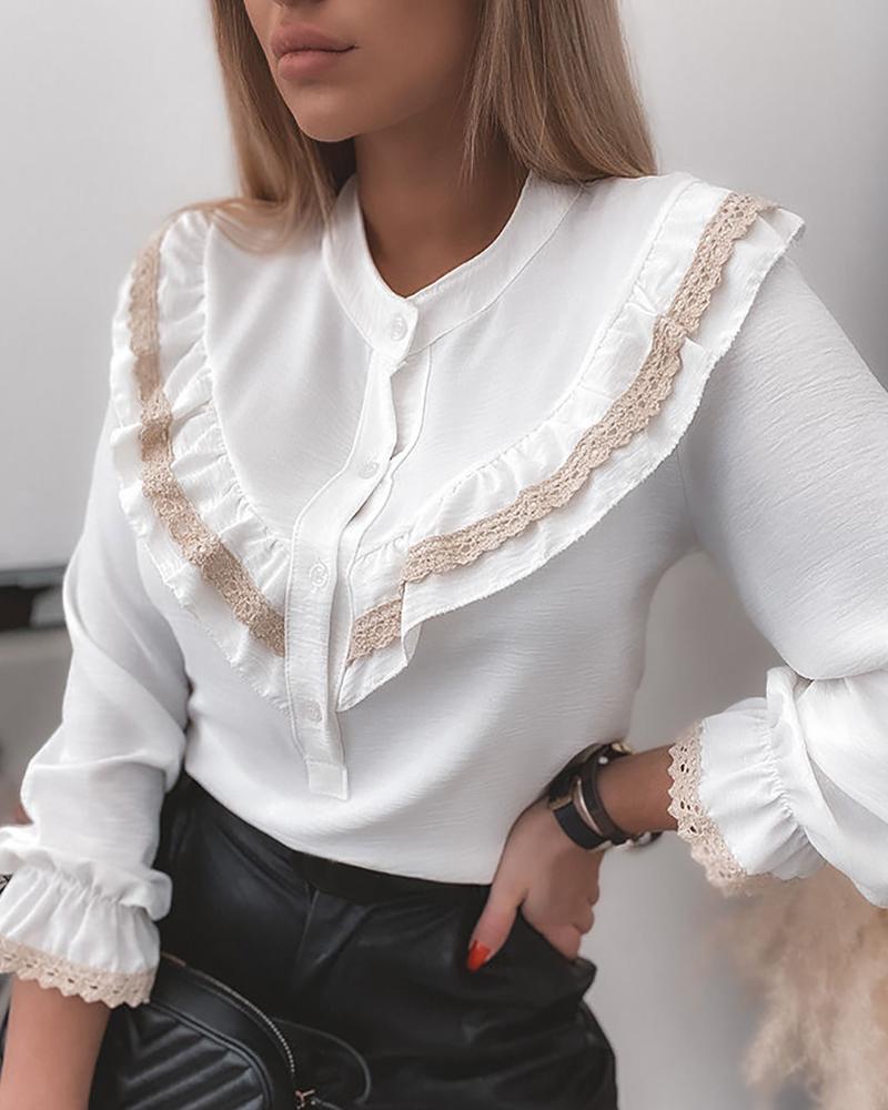 

Ruffle Hem Lace Trim Button Design Shirt, White