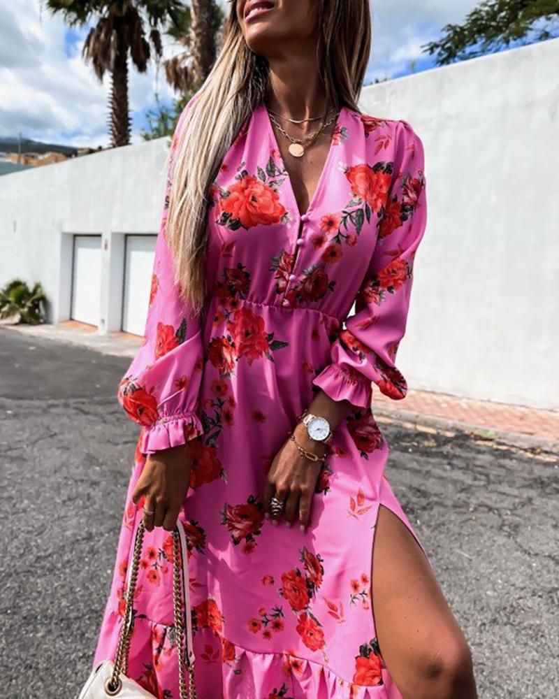 

Floral Print Long Sleeve High Slit Maxi Dress, Hot pink