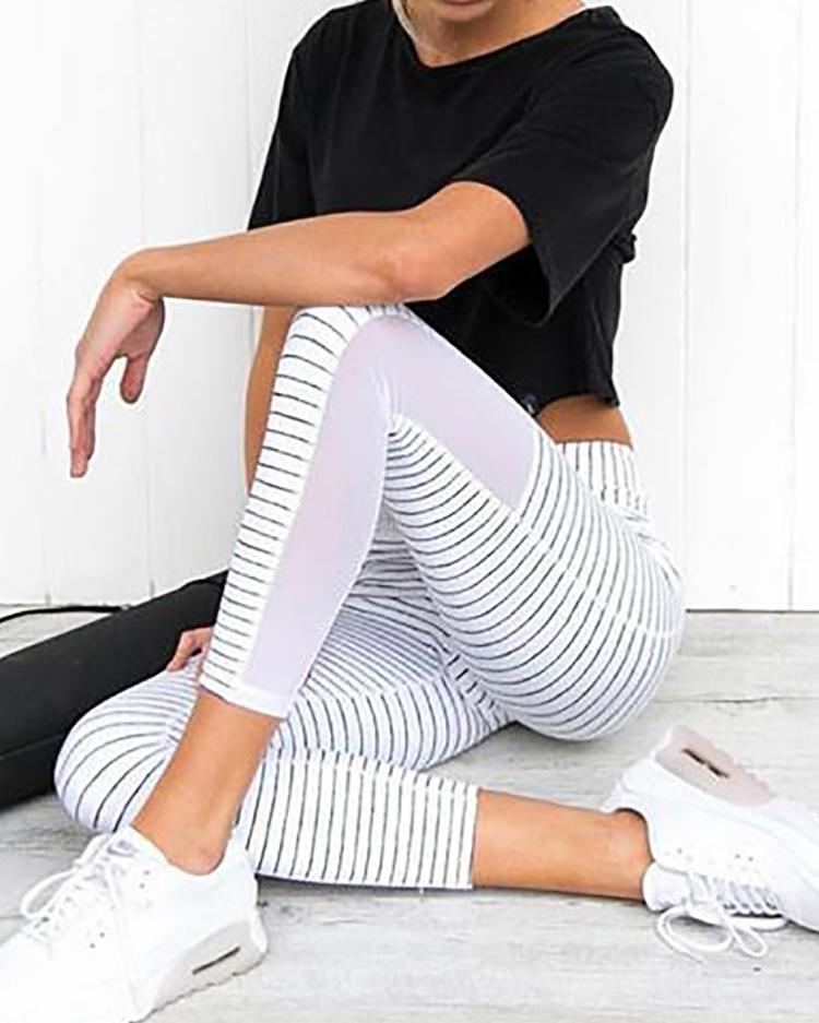 

Stripes Mesh Panel Sports Yoga Leggings, White