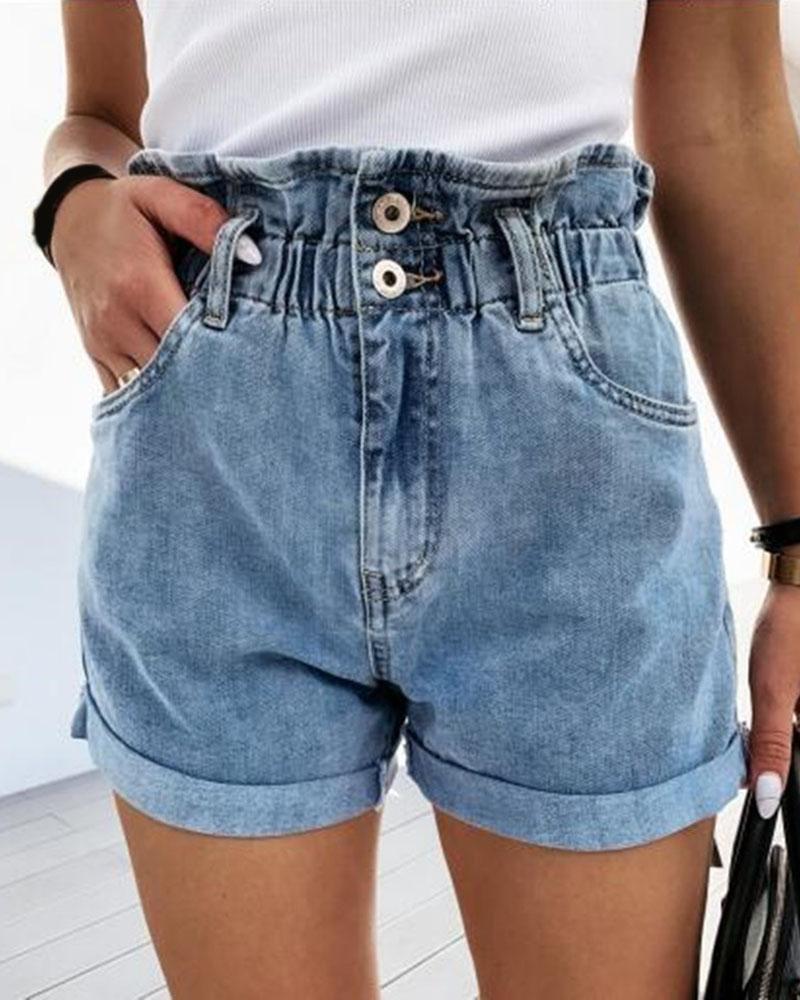 

Ruffles High Waisted Casual Denim Shorts, Blue