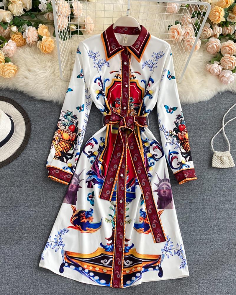 

Graphic Print Long Sleeve Casual Dress, White