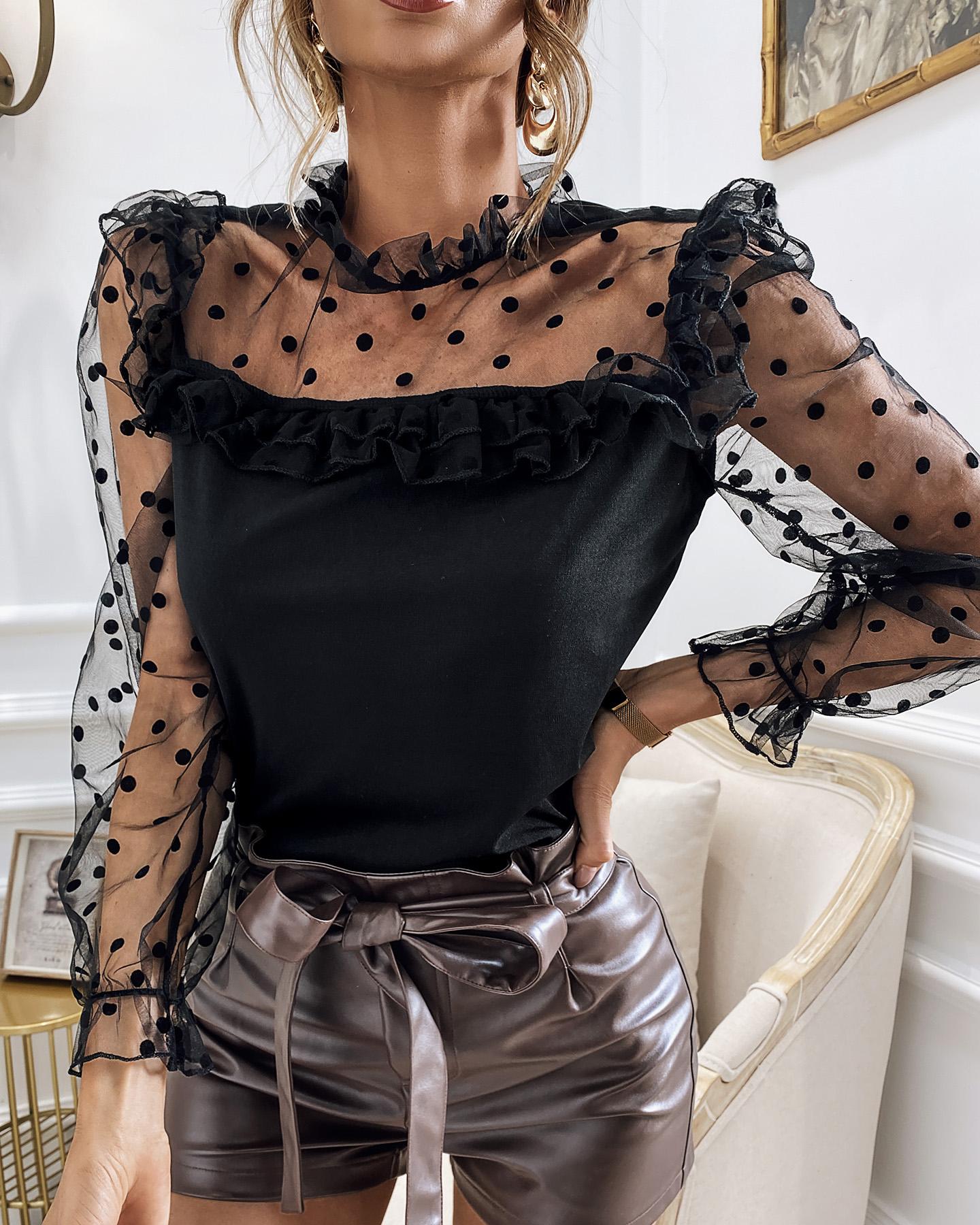 

Dot Mesh Ruffles Long Sleeve Women Top, Black