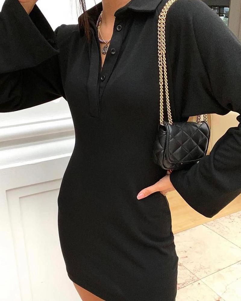 

Plain Button Design Casual Dress, Black