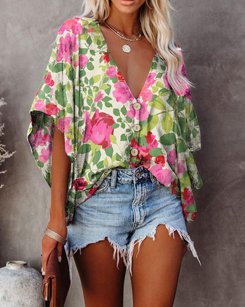

Floral Print Half Sleeve Loose Button-up Blouse, Multicolor