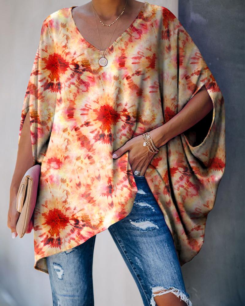 

Tie Dye Short Bat-wing Sleeve Loose T-shirts, Orange