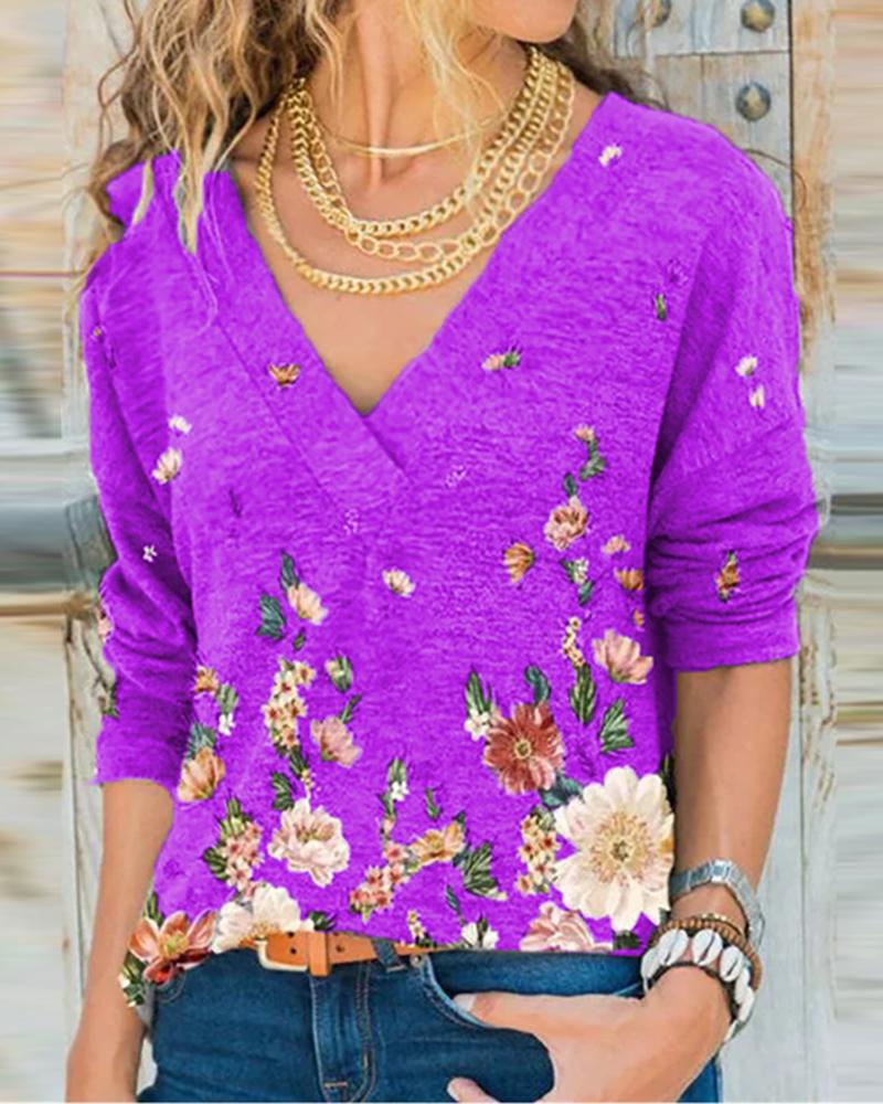 

Floral Print Long Sleeve V-Neck Top, Purple