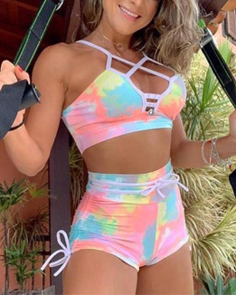 

Tie Dye Cut-out Halter Swimwear Suit Sets, Multicolor