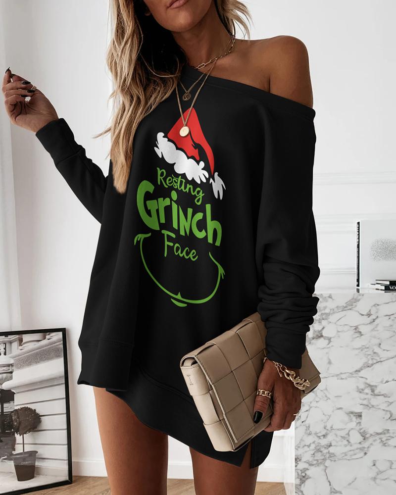 

Christmas Letter Print Long Sleeve Sweatshirt Dress, Black