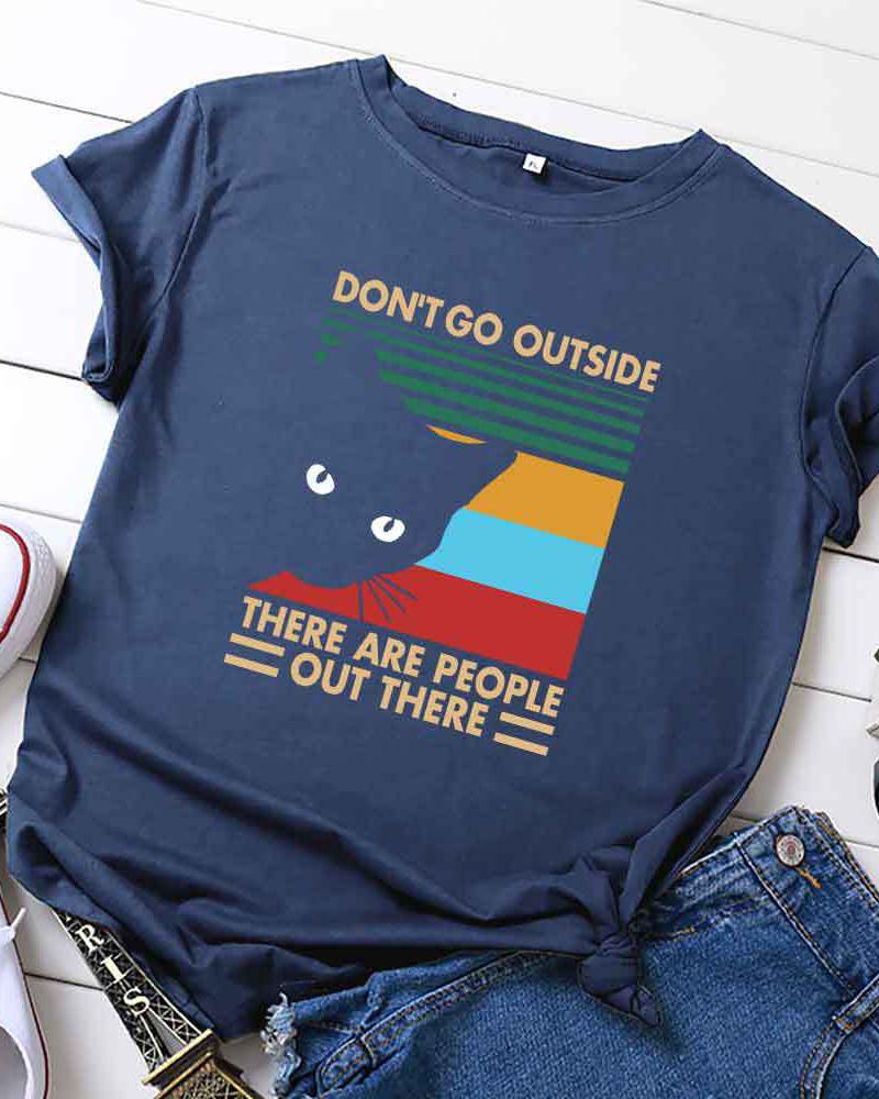 

Letter Cat Print Casual T-shirt, Dark blue