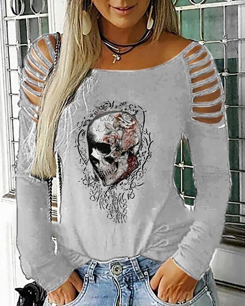 

Skull Print Ladder Cutout Top, Gray