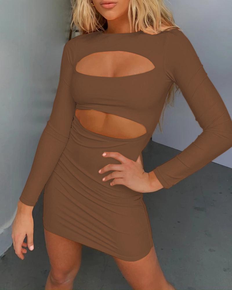 

Ruched Cutout Front Long Sleeve Bodycon Dress, Brown