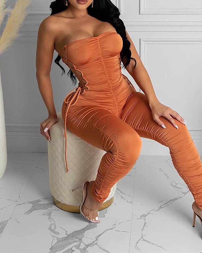 

Plain Off Shoulder Ruched Skinny Jumpsuit, Orange
