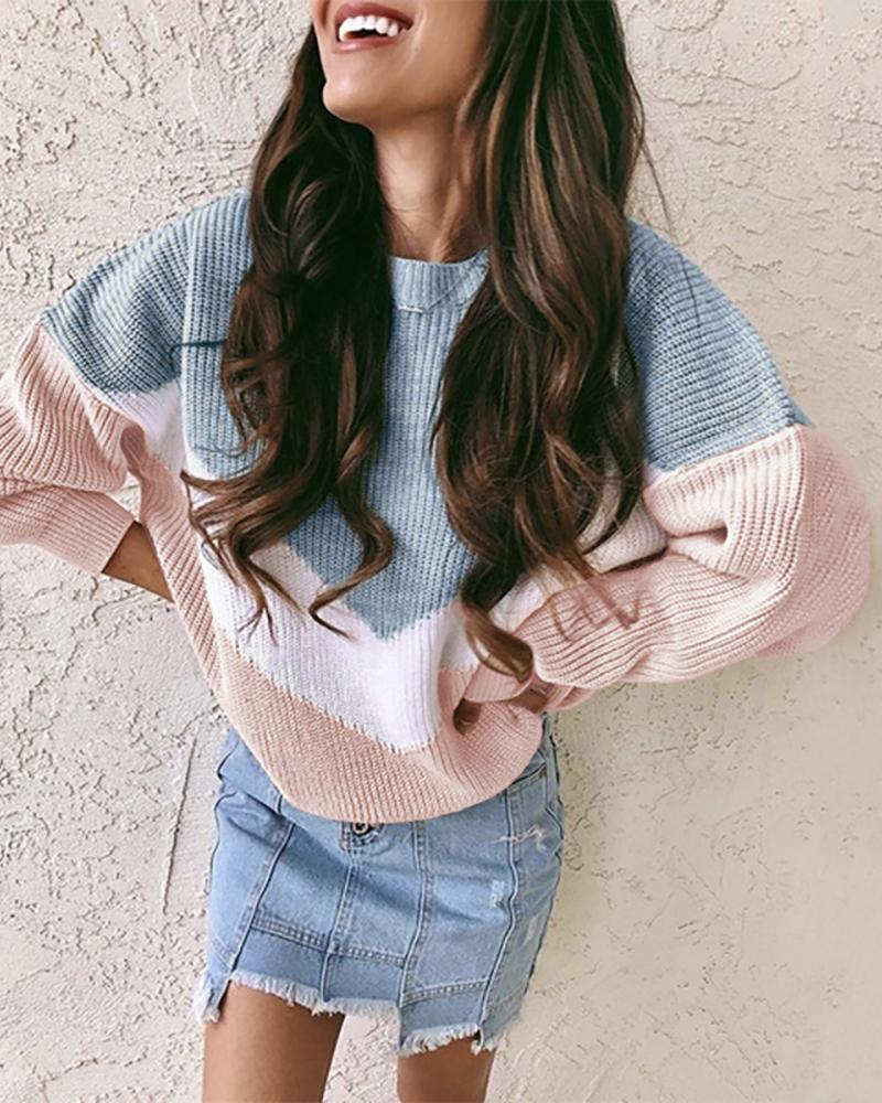 

Colorblock Long Sleeve Casual Sweater, Blue