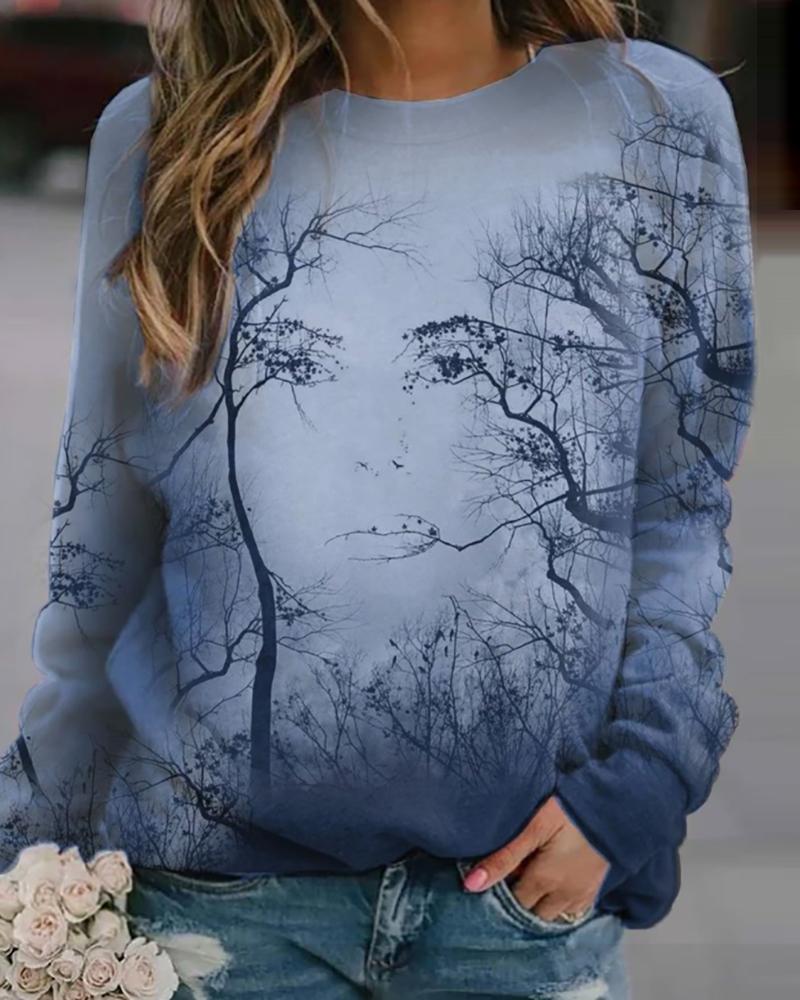 

Art Figure Print Long Sleeve Sweatshirt, Blue