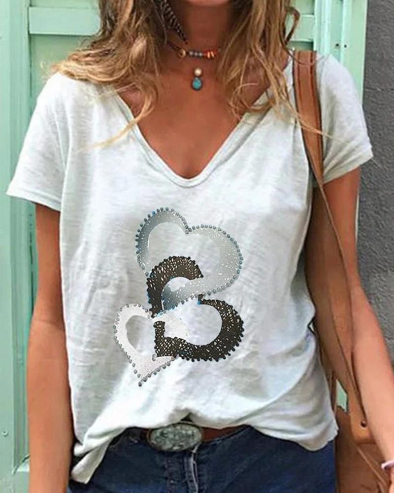 

Heart Print Short Sleeve T-shirt, White