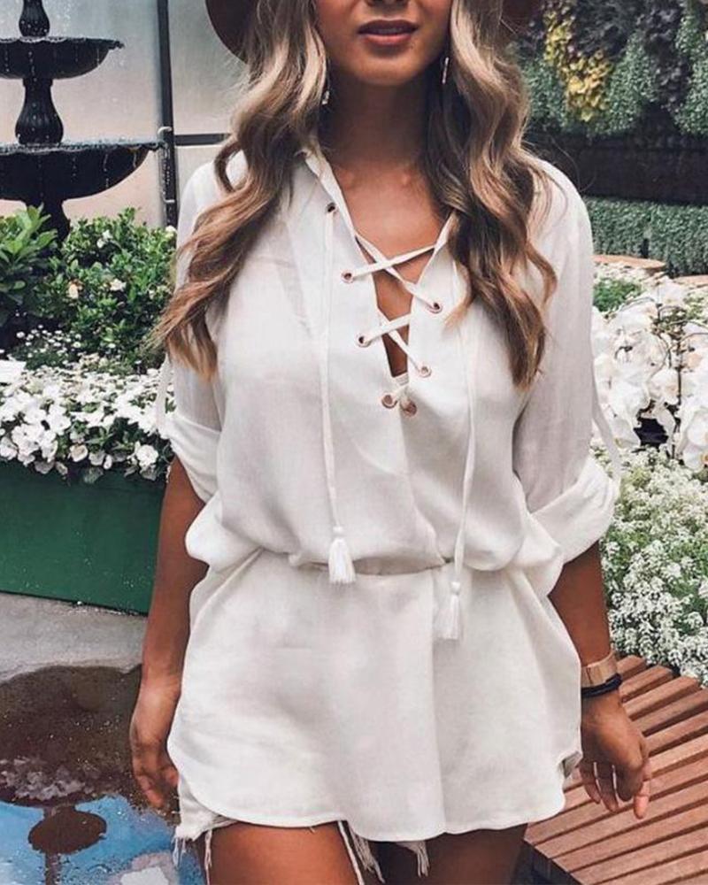 

Lace-Up Detail Tunic Top, White
