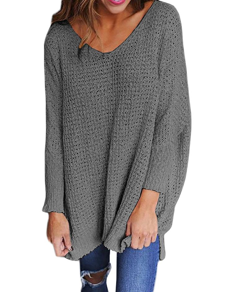 

Solid V Neck Loose Sweater, Gray