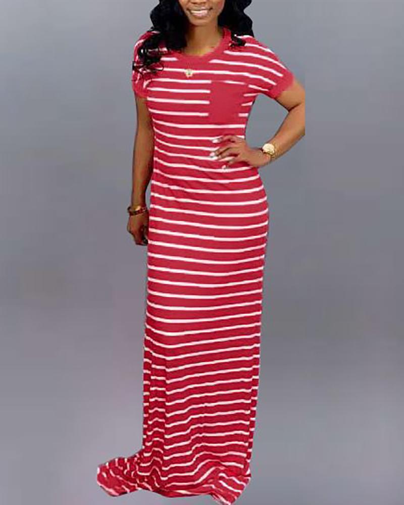 

Round Neck Short Sleeve Striped Maxi Dress, Red