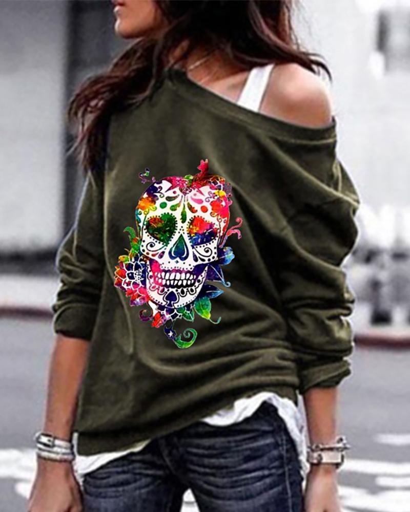 

Skull Print Long Sleeve Casual Sweatshirt, Green