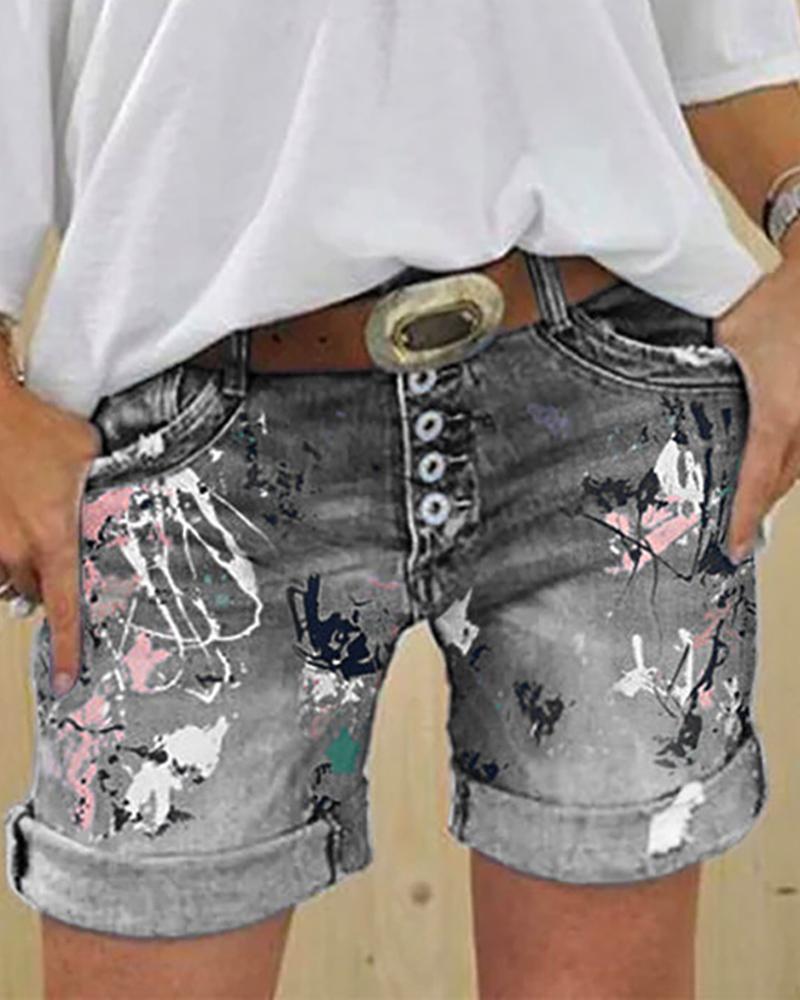 

Print Buttoned Pockets Denim Shorts, Dark grey