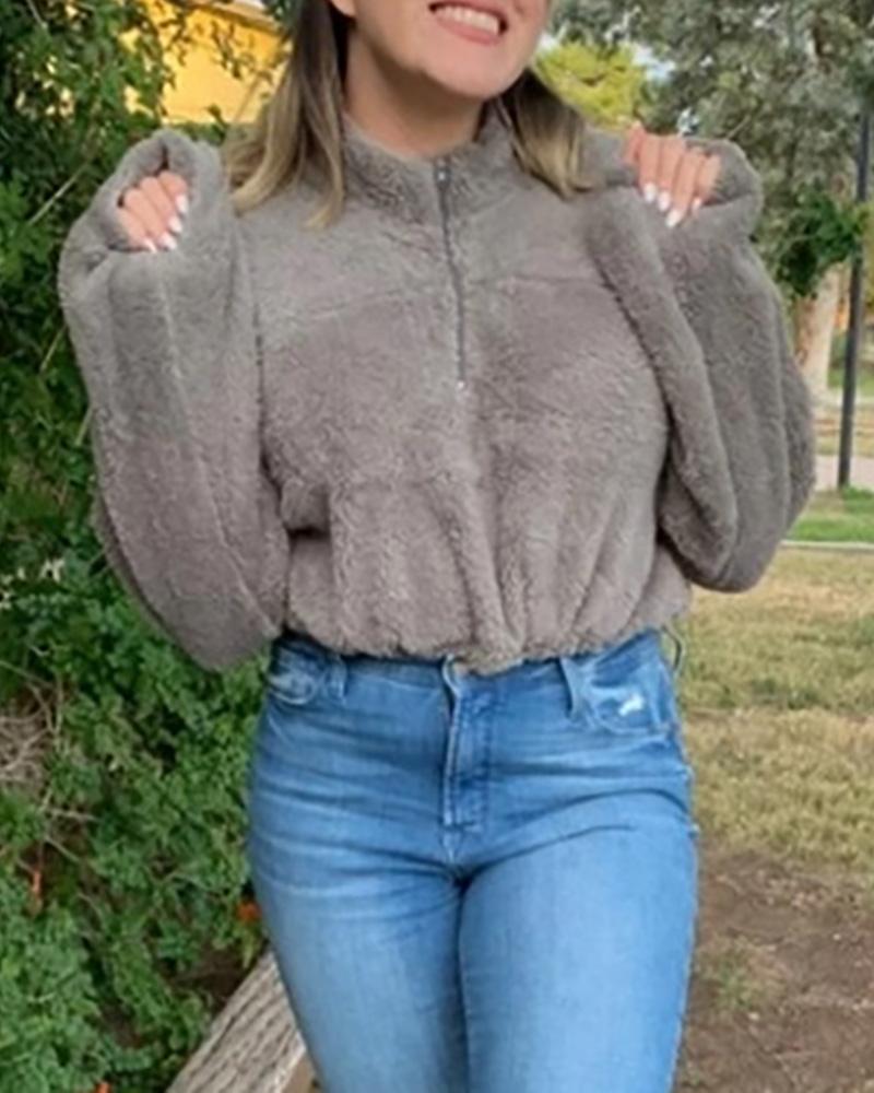 

Long Sleeve Fluffy Zipper Design Crop Top, Gray