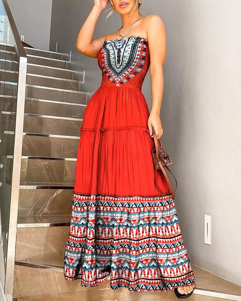 

Bandeau Tribal Print Shirring Design Ruffles Maxi Dress, Red