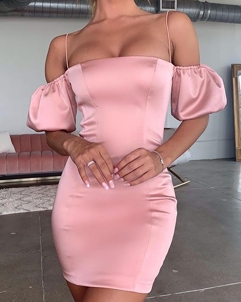 

Cold Shoulder Puff Sleeve Satin Bodycon dress, Pink