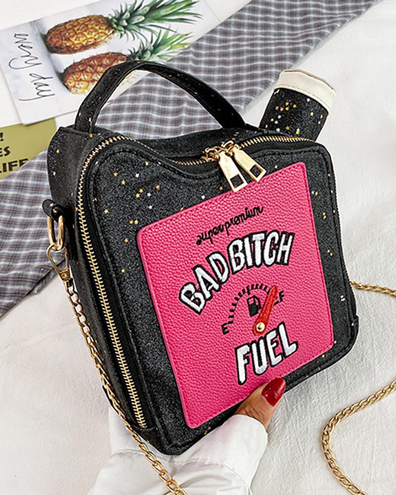 

Oilcan Shaped Letter Embroidery Crossbody Bag, Black