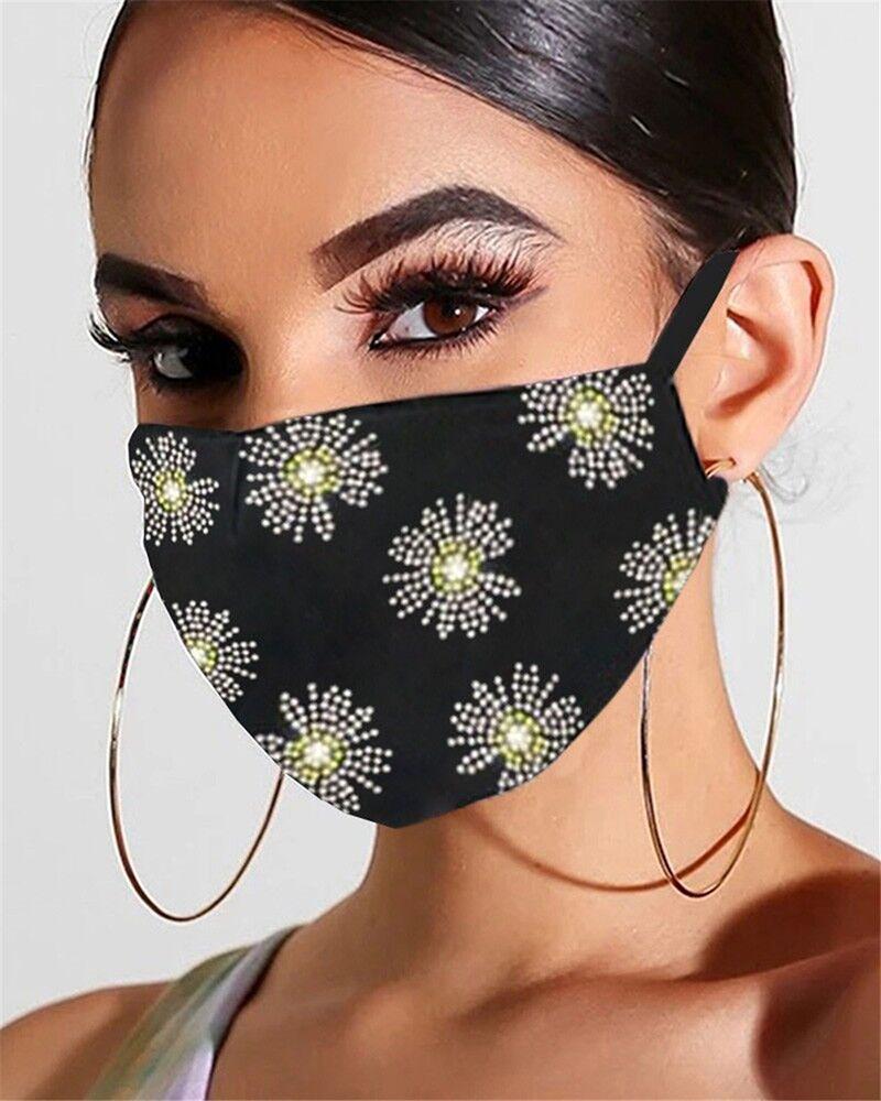 

Floral Pattern Bling Rhinestone Face Mask, Black