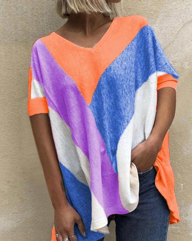 

Wide Striped Patterns Print Short Sleeve Loose T-shirts, Orange