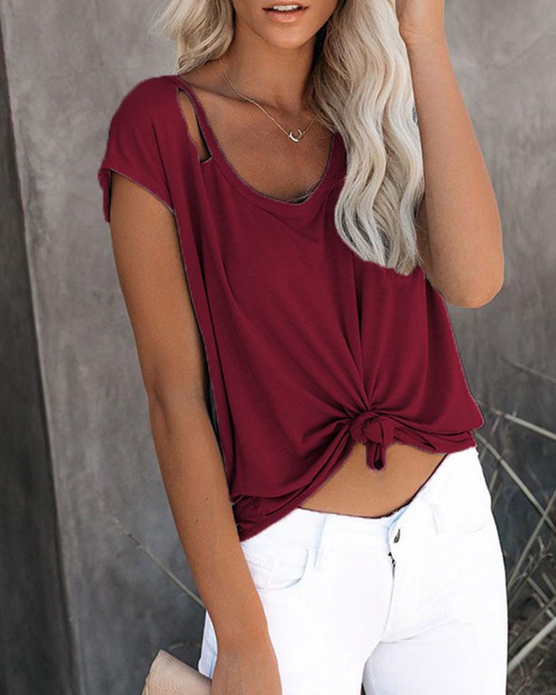 

Solid Short Sleeve Loose T-shirts, Wine red