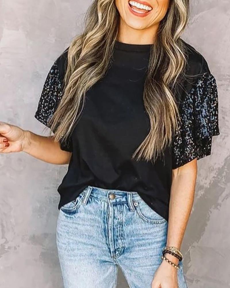 

Sequins Patch Half Sleeve Round Neck T-shirt, Black