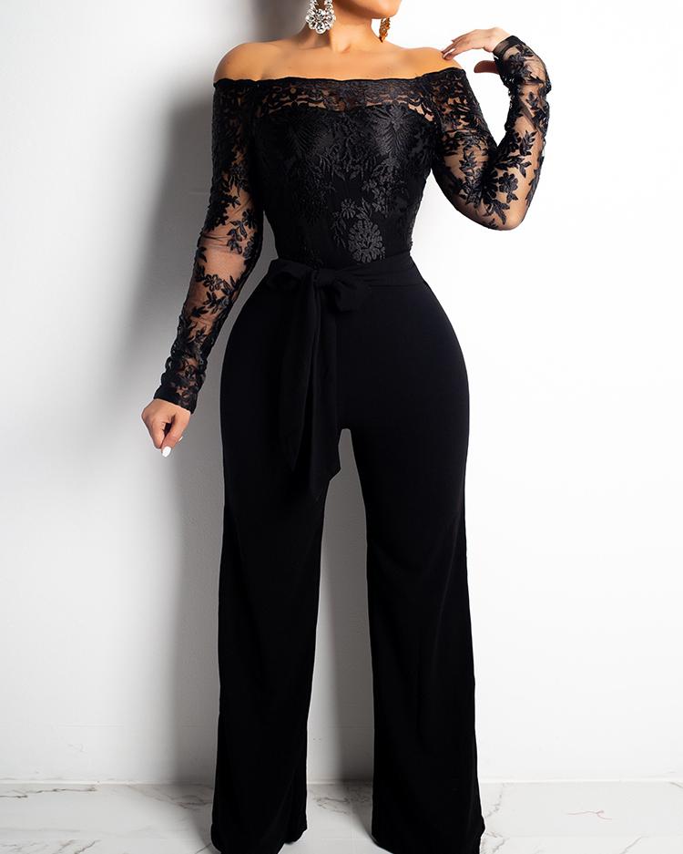 lace patchwork wide leg belted jumpsuits