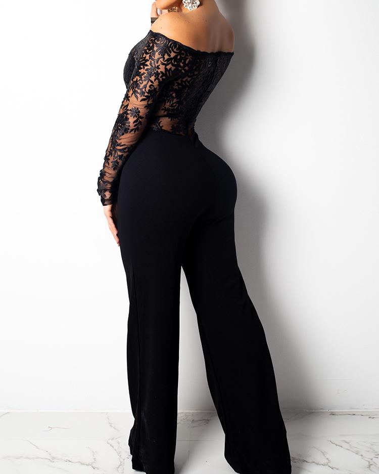 lace patchwork wide leg belted jumpsuits