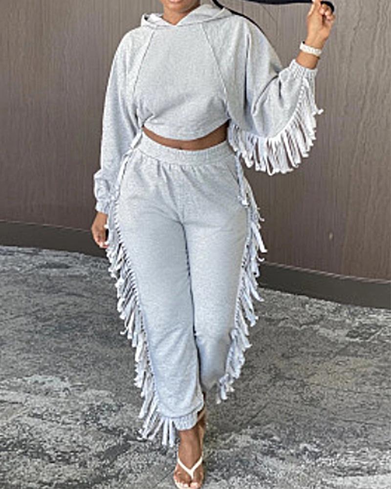 

Batwing Sleeve Tassel Crop Hoodie & High Waist Pants Set, Gray